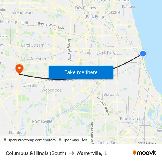 Columbus & Illinois (South) to Warrenville, IL map