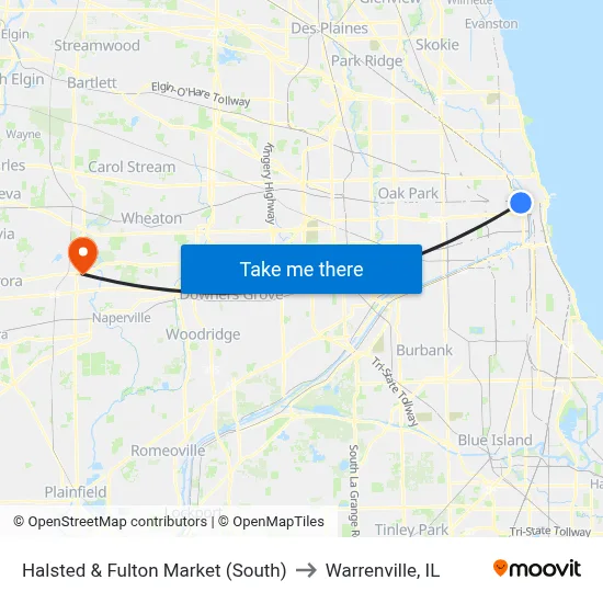 Halsted & Fulton Market (South) to Warrenville, IL map