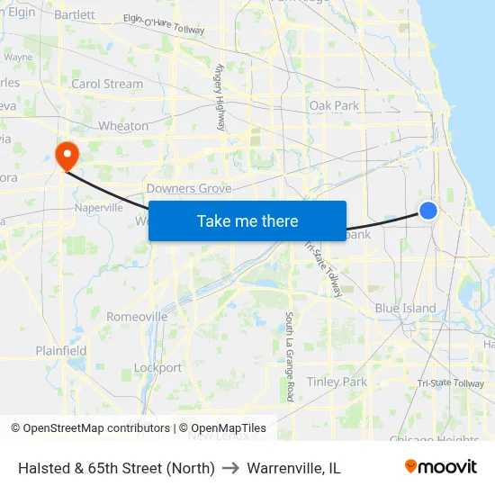 Halsted & 65th Street (North) to Warrenville, IL map