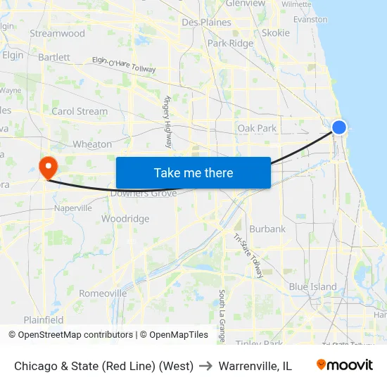 Chicago & State (Red Line) (West) to Warrenville, IL map
