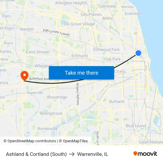Ashland & Cortland (South) to Warrenville, IL map