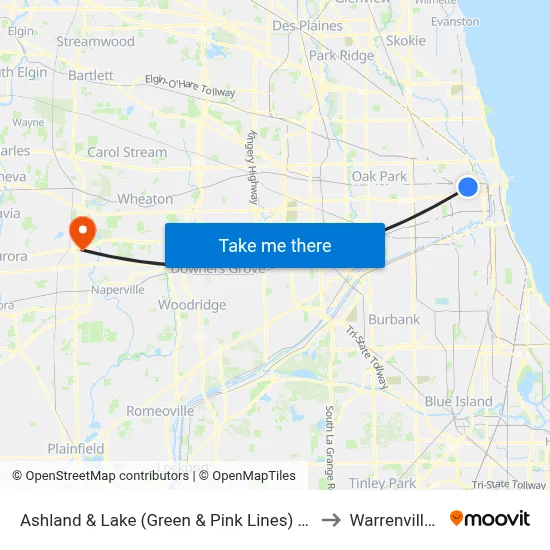 Ashland & Lake (Green & Pink Lines) (South) to Warrenville, IL map