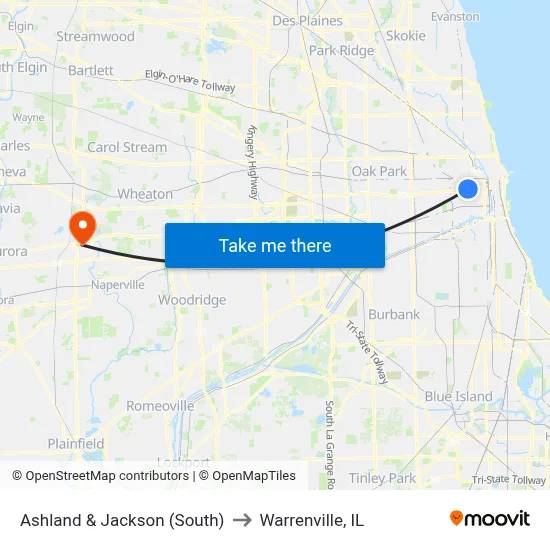 Ashland & Jackson (South) to Warrenville, IL map