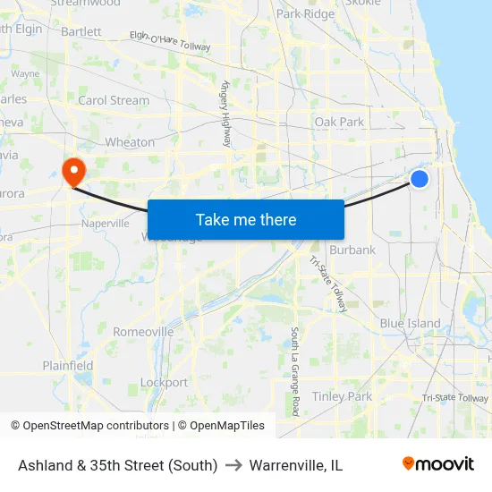 Ashland & 35th Street (South) to Warrenville, IL map