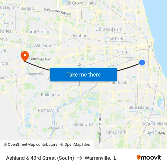 Ashland & 43rd Street (South) to Warrenville, IL map