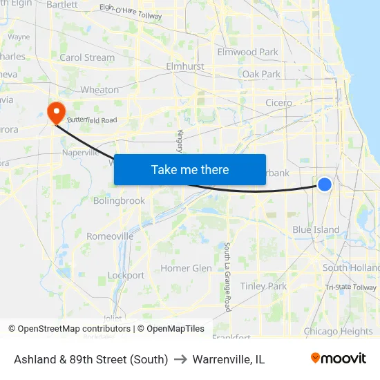 Ashland & 89th Street (South) to Warrenville, IL map