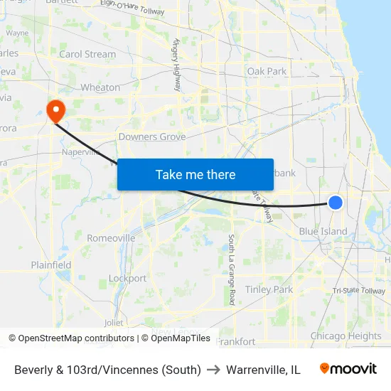 Beverly & 103rd/Vincennes (South) to Warrenville, IL map