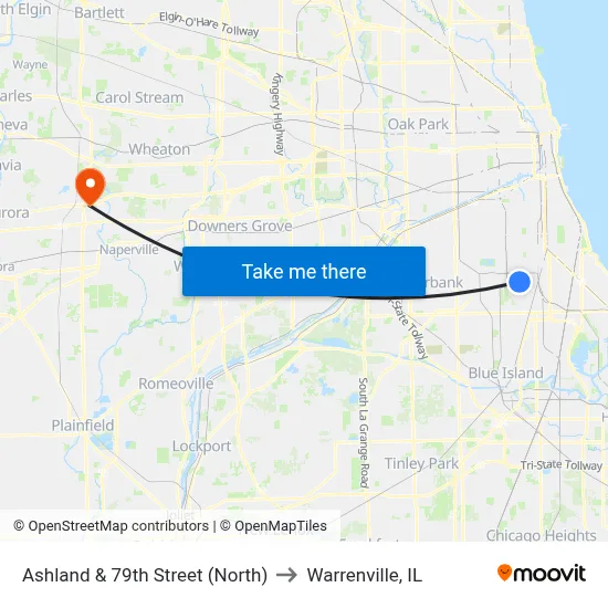 Ashland & 79th Street (North) to Warrenville, IL map