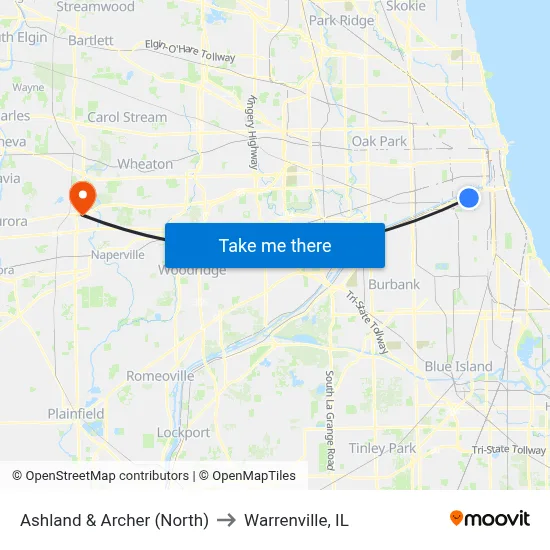Ashland & Archer (North) to Warrenville, IL map