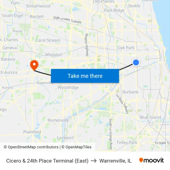 Cicero & 24th Place Terminal (East) to Warrenville, IL map