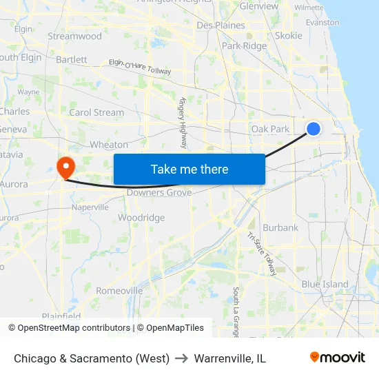 Chicago & Sacramento (West) to Warrenville, IL map