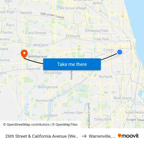26th Street & California Avenue (West) to Warrenville, IL map