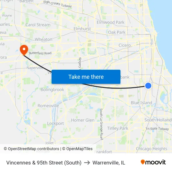 Vincennes & 95th Street (South) to Warrenville, IL map
