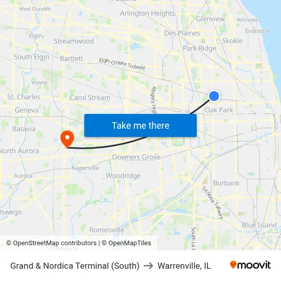 Grand & Nordica Terminal (South) to Warrenville, IL map