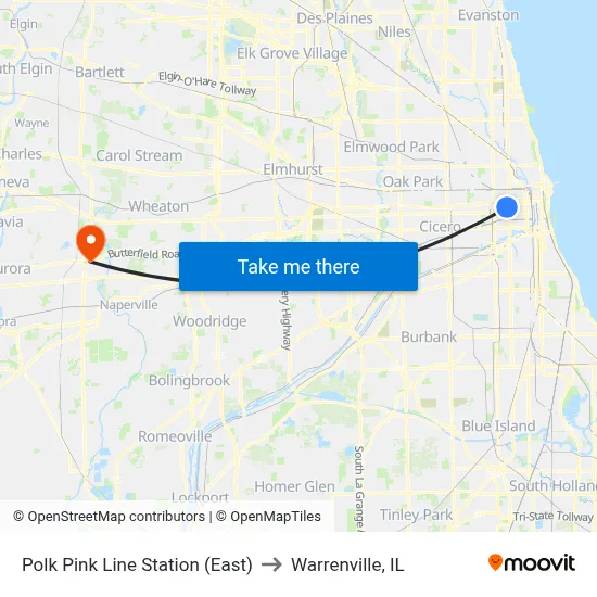 Polk Pink Line Station (East) to Warrenville, IL map