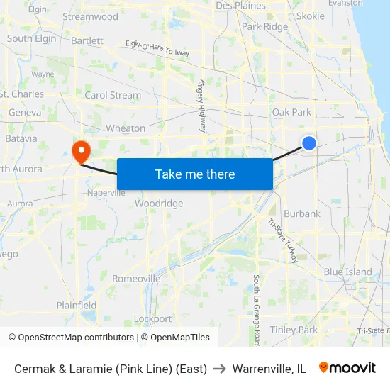 Cermak & Laramie (Pink Line) (East) to Warrenville, IL map