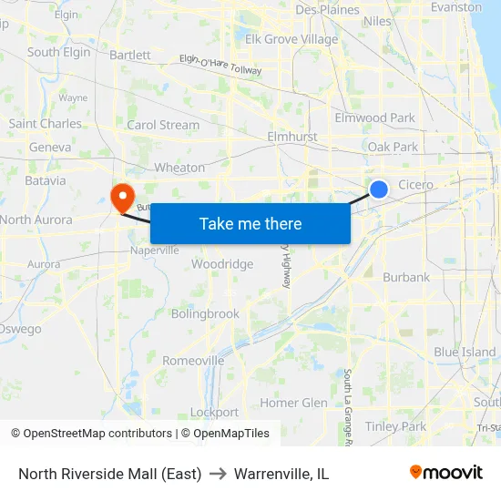 North Riverside Mall (East) to Warrenville, IL map