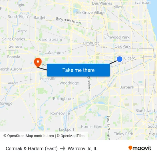Cermak & Harlem (East) to Warrenville, IL map