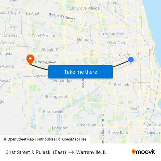 31st Street & Pulaski (East) to Warrenville, IL map