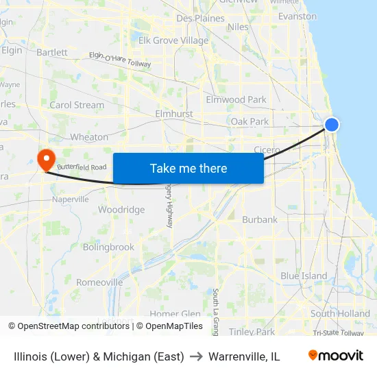 Illinois (Lower) & Michigan (East) to Warrenville, IL map