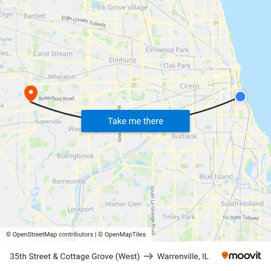 35th Street & Cottage Grove (West) to Warrenville, IL map