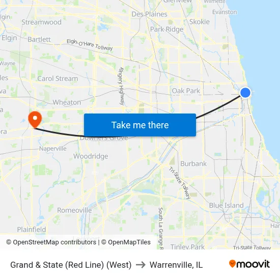 Grand & State (Red Line) (West) to Warrenville, IL map