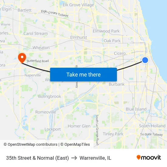 35th Street & Normal (East) to Warrenville, IL map