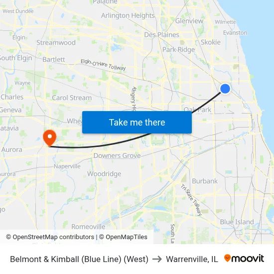 Belmont & Kimball (Blue Line) (West) to Warrenville, IL map