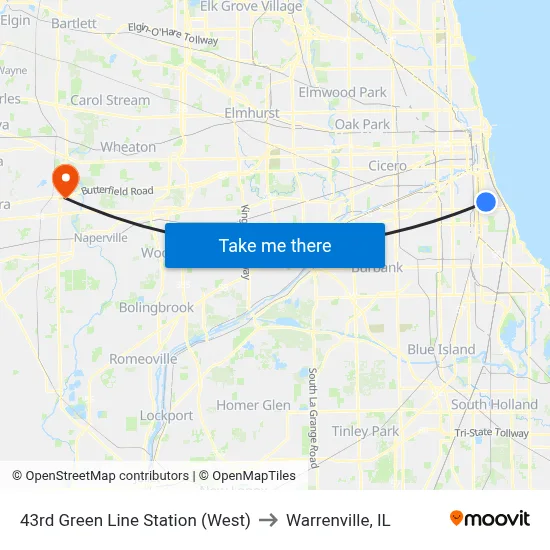 43rd Green Line Station (West) to Warrenville, IL map