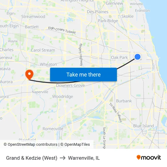 Grand & Kedzie (West) to Warrenville, IL map