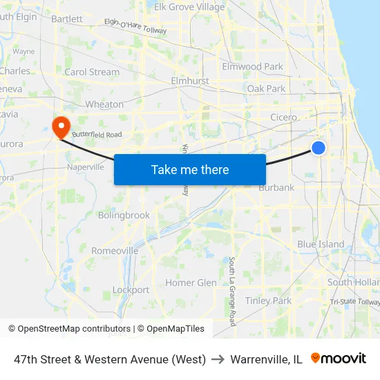 47th Street & Western Avenue (West) to Warrenville, IL map