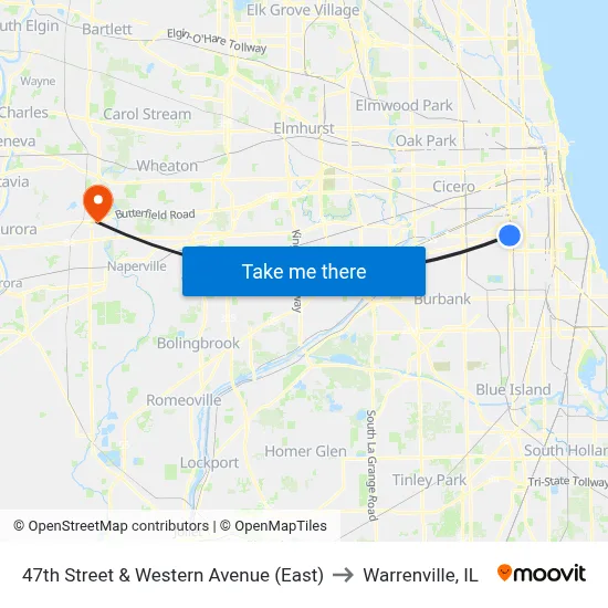 47th Street & Western Avenue (East) to Warrenville, IL map