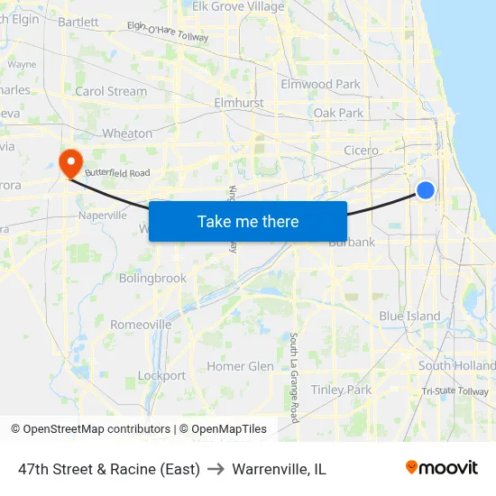 47th Street & Racine (East) to Warrenville, IL map