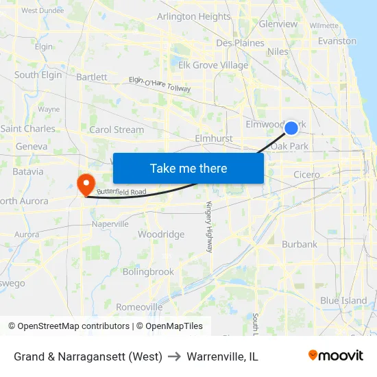 Grand & Narragansett (West) to Warrenville, IL map