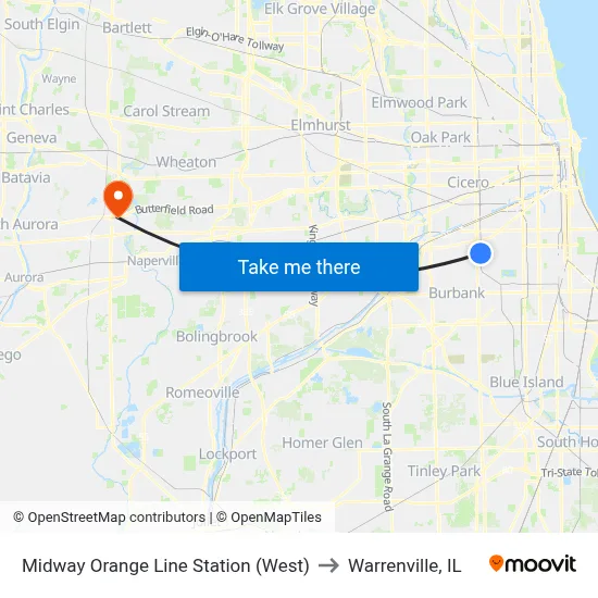 Midway Orange Line Station (West) to Warrenville, IL map