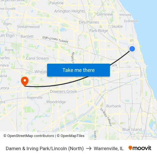 Damen & Irving Park/Lincoln (North) to Warrenville, IL map