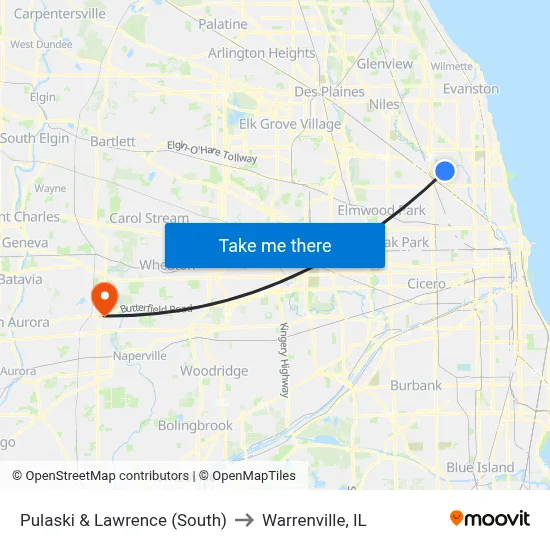 Pulaski & Lawrence (South) to Warrenville, IL map
