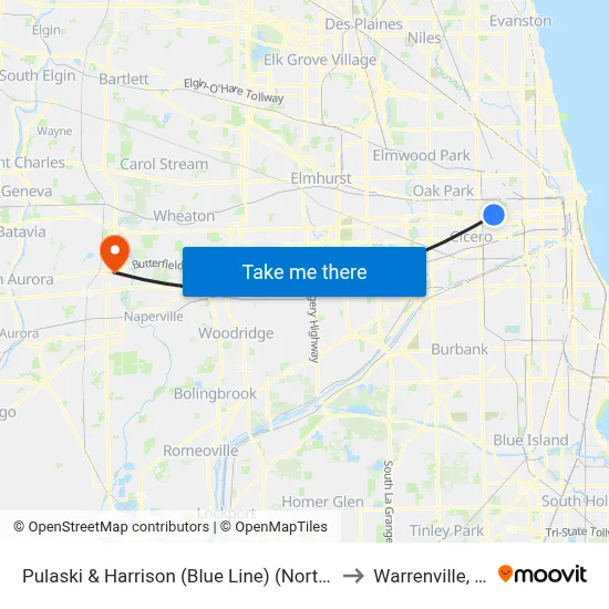 Pulaski & Harrison (Blue Line) (North) to Warrenville, IL map