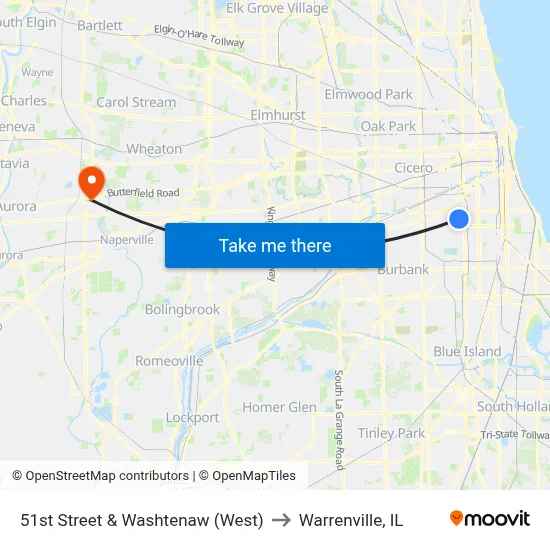 51st Street & Washtenaw (West) to Warrenville, IL map