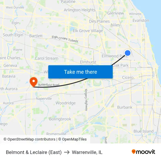 Belmont & Leclaire (East) to Warrenville, IL map