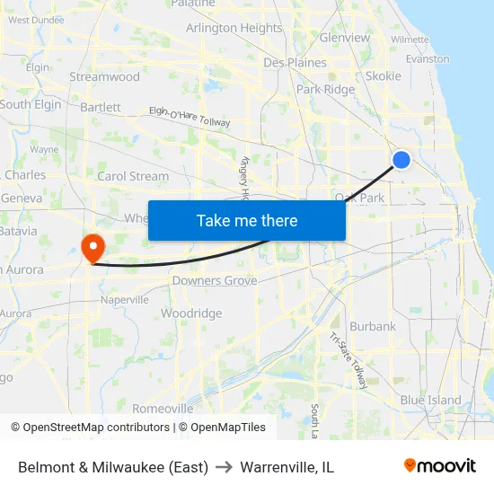 Belmont & Milwaukee (East) to Warrenville, IL map