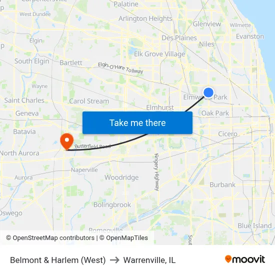 Belmont & Harlem (West) to Warrenville, IL map