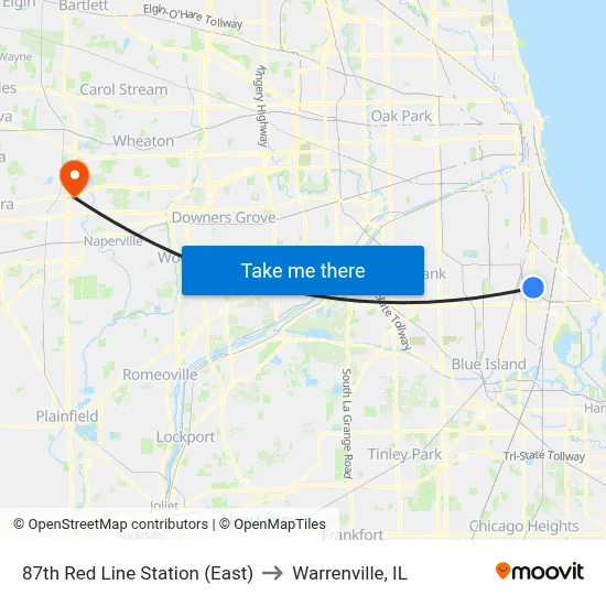 87th Red Line Station (East) to Warrenville, IL map