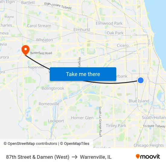 87th Street & Damen (West) to Warrenville, IL map