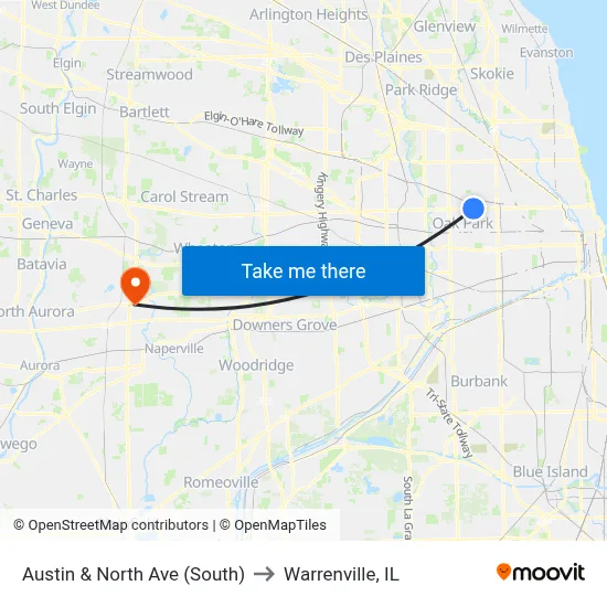 Austin & North Ave (South) to Warrenville, IL map