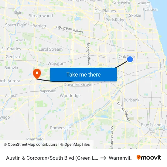 Austin & Corcoran/South Blvd (Green Line) (North) to Warrenville, IL map