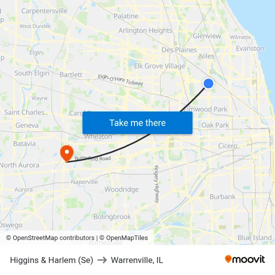 Higgins & Harlem (Se) to Warrenville, IL map