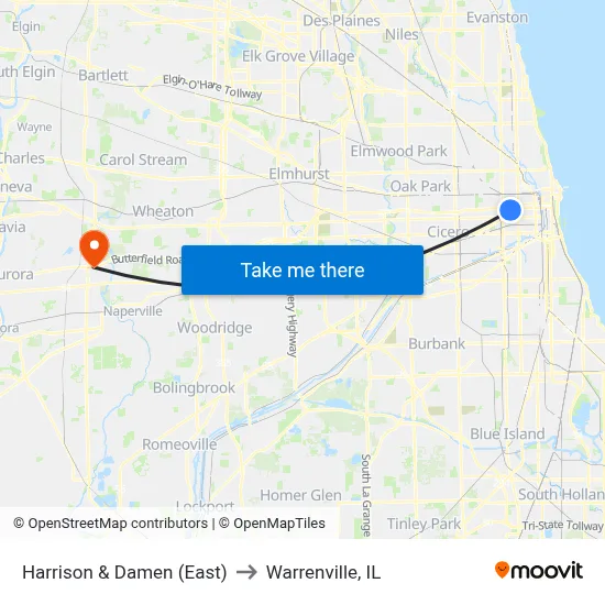 Harrison & Damen (East) to Warrenville, IL map