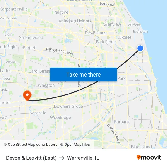 Devon & Leavitt (East) to Warrenville, IL map