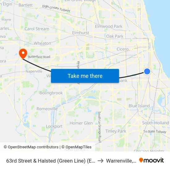63rd Street & Halsted (Green Line) (East) to Warrenville, IL map